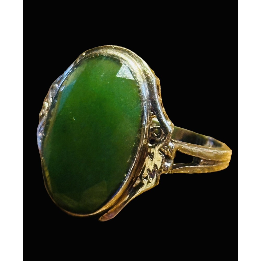 Art Deco 10K Yellow Gold Diamond Cut Natural Jadeite Stone Ring Size 6 Vtg OOAK - Picture 2 of 10